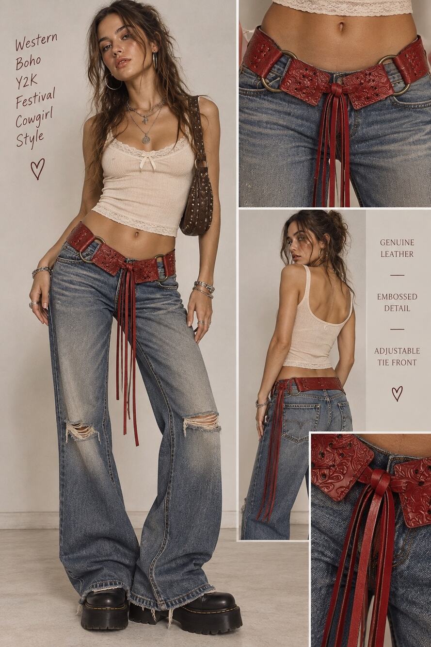Red Genuine Leather Embossed Fringe Hip Belt O-Ring Western Boho Festival Y2K
